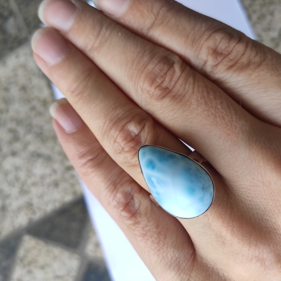 Solid Sterling Silver Pear Larimar Ring Sz 7.75 - Picture 9 of 14